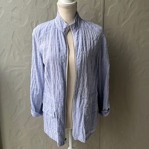 Chico’s Cotton Light Weight Stripe Zip Jacket White Blue Size 1